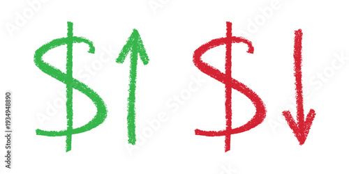 Hand drawn dollar currency symbol Growth and fall profit with arrow up and down Brush stroke doodle Element for design