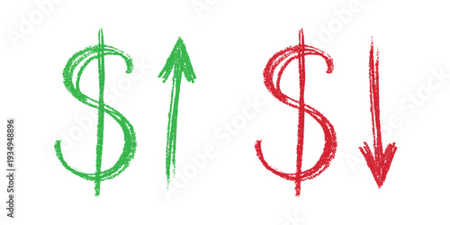 Hand drawn dollar currency symbol Growth and fall profit with arrow up and down Brush stroke doodle Element for design
