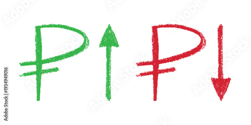 Hand drawn russian ruble currency symbol Growth and fall profit with arrow up and down Brush stroke doodle Element for design