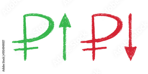 Hand drawn russian ruble currency symbol Growth and fall profit with arrow up and down Brush stroke doodle Element for design