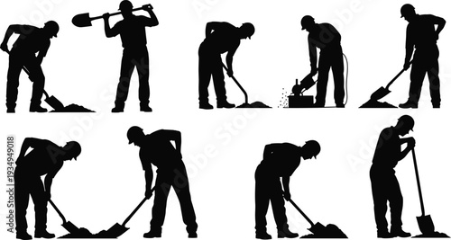 Silhouettes of construction workers with shovels, digging and manual labor poses, industrial workforce illustration showing hard work and effort
