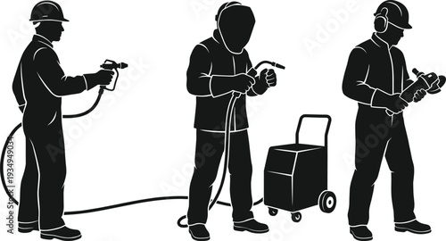 Industrial technician silhouettes featuring a professional spray painter welder with gas tank and worker using an angle grinder for automotive and manufacturing projects