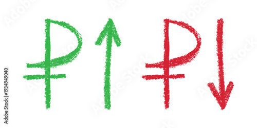 Hand drawn russian ruble currency symbol Growth and fall profit with arrow up and down Brush stroke doodle Element for design