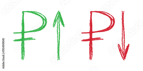 Hand drawn russian ruble currency symbol Growth and fall profit with arrow up and down Brush stroke doodle Element for design