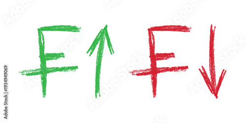 Hand drawn swiss franc currency symbol Growth and fall profit with arrow up and down Brush stroke doodle Element for design