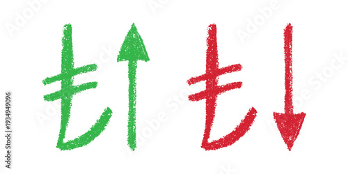 Hand drawn turkish lira currency symbol Growth and fall profit with arrow up and down Brush stroke doodle Element for design