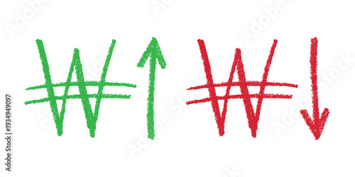 Hand drawn won currency symbol Growth and fall profit with arrow up and down Brush stroke doodle Element for design
