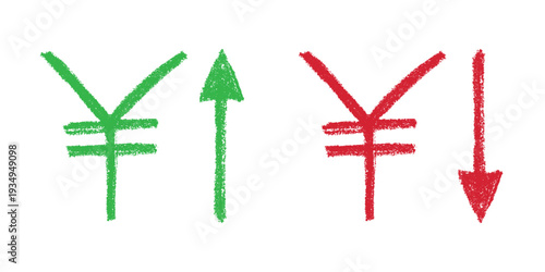 Hand drawn yen currency symbol Growth and fall profit with arrow up and down Brush stroke doodle Element for design
