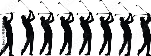 Silhouettes of golfer swinging club, sequence of golf swing stages, sports training illustration showing motion, technique, and athletic performance
