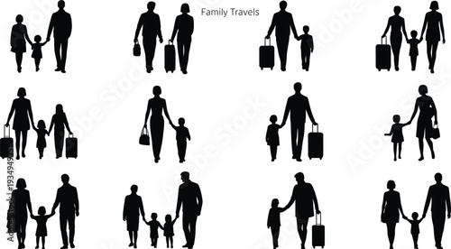 Silhouettes of families traveling together, parents and children walking with luggage, family journey illustration highlighting travel, togetherness, and adventure