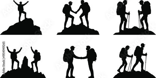Silhouettes of hikers on mountain peaks, teamwork, celebration, trekking with poles, outdoor adventure illustration showing exploration, achievement, and camaraderie