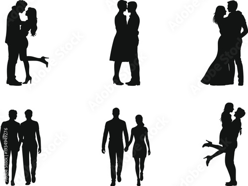 Silhouettes of romantic couples in love, kissing, hugging, walking hand in hand, affectionate poses illustration showing romance and relationship