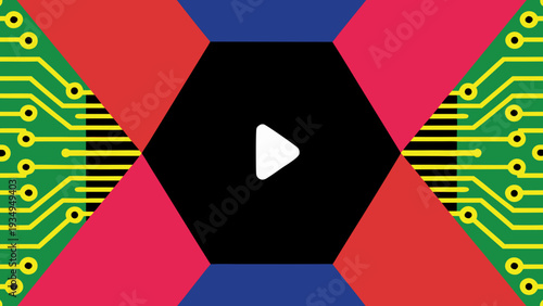 Circuit board patterns surround a central black hexagon with a white play button icon.