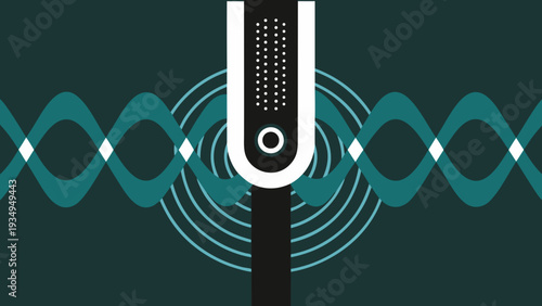A vertical device emits concentric circles and wave patterns representing sound or signal.