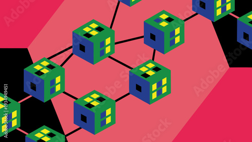 A network of colorful digital cubes represents decentralized data blocks effectively.
