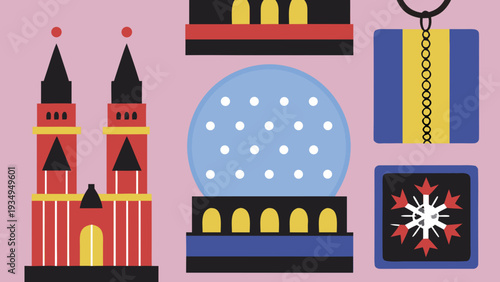 Various simplified travel mementos including a cathedral and a snowflake keychain.