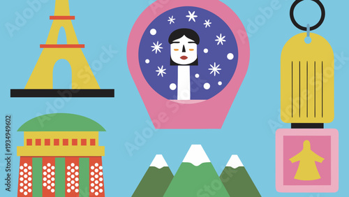 Stylized travel elements like the Eiffel Tower and a snow globe are depicted.