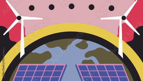 Global renewable energy is represented by wind turbines and solar array on a stylized Earth.