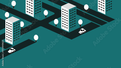 Isometric white buildings line dark roads in a teal city grid with small vehicles.