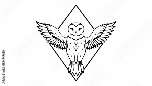 Owl with wide open wings is centered within a diamond-shaped border outline.