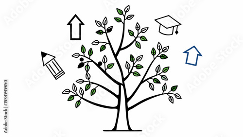 Tree of knowledge illustration features education icons around growing branches.