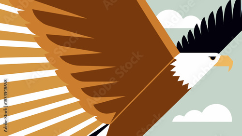 Majestic bald eagle flies with brown and white plumage against soft clouds.