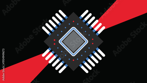 Integrated circuit chip illustration is centered on a dark background with red accents.