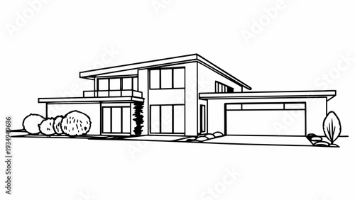 Modern two-story house line drawing shows exterior architectural facade and garage.