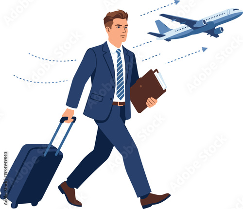 Businessman with luggage walking towards an airplane taking off in the background, illustrating travel and transportation