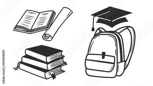 Various academic supplies including an open book and stacked texts are arranged together.