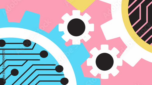 Interlocking gears display integrated circuit patterns and connection points for systems.