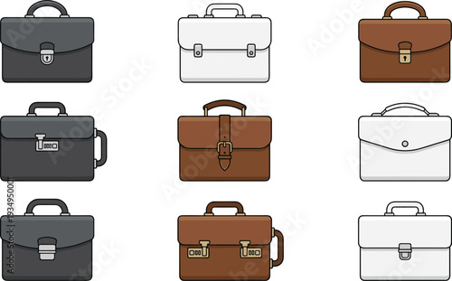 Collection of variously colored briefcases and satchels arranged in a grid pattern, viewed from directly above