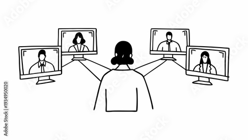 A user connects with four separate employees through individual computer monitors for a group.