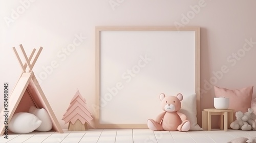 Whimsical Pastel Baby Room Corner with Wooden Toys, Teddy Bear, and Framed Artwork