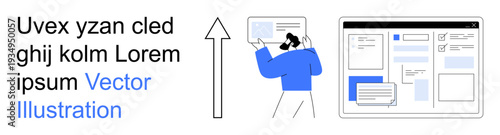 Data analysis, corporate insight, education, workflow, information organization, online platforms. Person analyzing document near graphical user interface. Data analysis and corporate insight concept