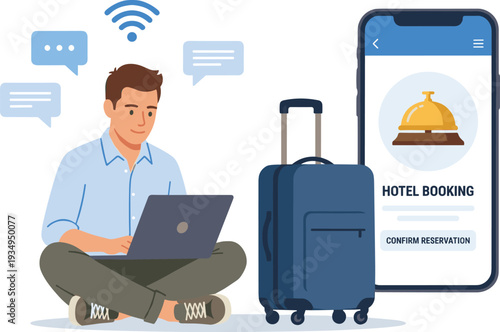 Man booking hotel reservation online with laptop and luggage, sitting on floor with speech bubbles around