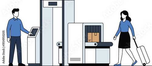 Man and woman at airport security scanner with luggage and electronic device