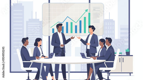 Diverse business team discussing financial growth in modern office