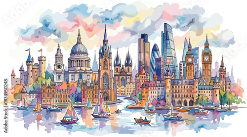 Panoramic view of London cityscape with river and boats on a cloudy day