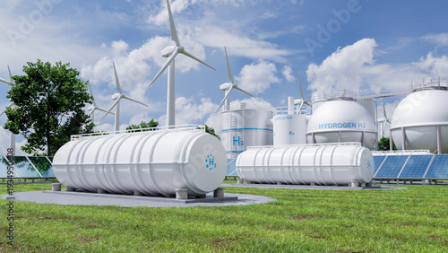 Quadro su tela Hydrogen H2 storage tanks in renewable energy plant with wind turbines and solar panels