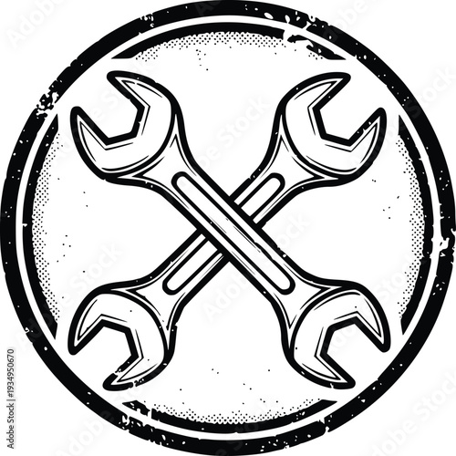Crossed Wrench Mechanic Emblem Vintage Garage Badge Vector Illustration