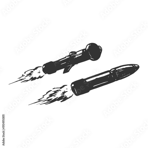 Heavy rocket launchers in motion with blazing exhaust trails, bold silhouette military illustration for war and combat graphics.