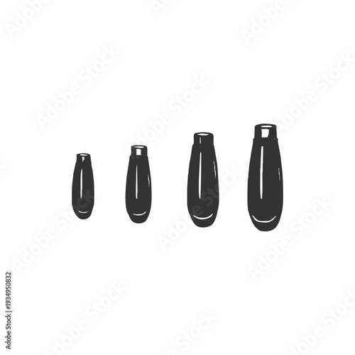 Set of aerial bombs in minimal black silhouette style, clean military weapon icons perfect for combat and war themed designs.
