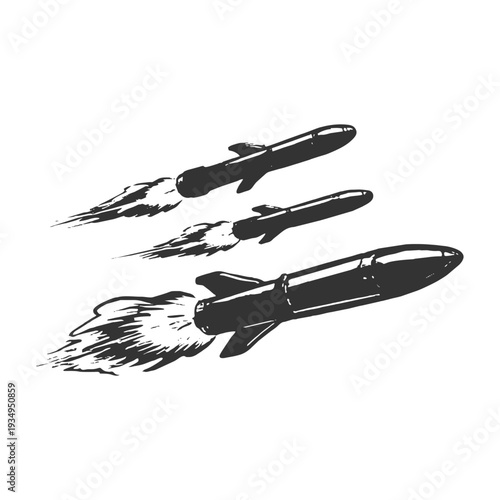 Cluster of fast flying rockets with flame trails in bold silhouette style, dynamic battlefield attack illustration.