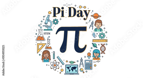 Illustration of Pi Day celebration with math symbols and icons in a circular composition with a mix of colorful educational elements.