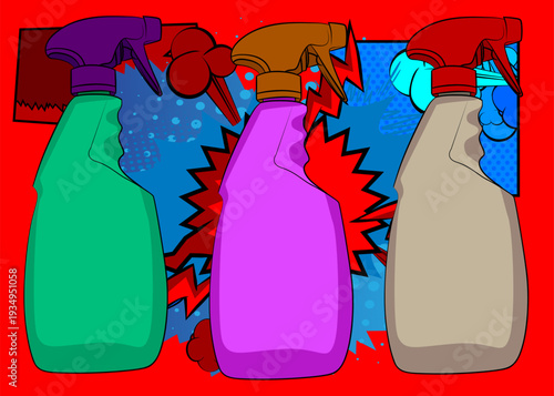 Cartoon Spray Bottle, comic book Cleaning. Retro vector comics pop art design.