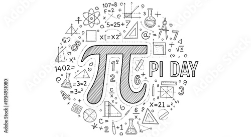 Illustration of a Pi Day design featuring the pi symbol surrounded by mathematical equations and geometric shapes on a white background.