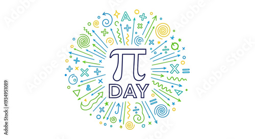 Illustration of Pi Day logo with mathematical symbols on a white background, celebrating Mathematics Awareness with colorful design elements.