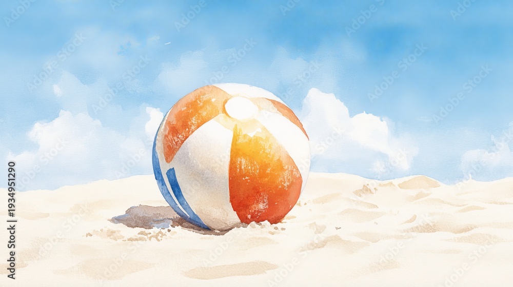 Obraz premium beach game ball lying on the sand in the sunlight on the beach, space for text
