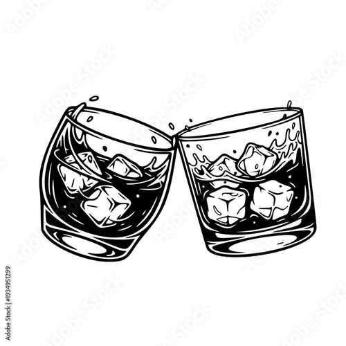 hand drawn whiskey glasses with ice cubes splash black and white line art illustration